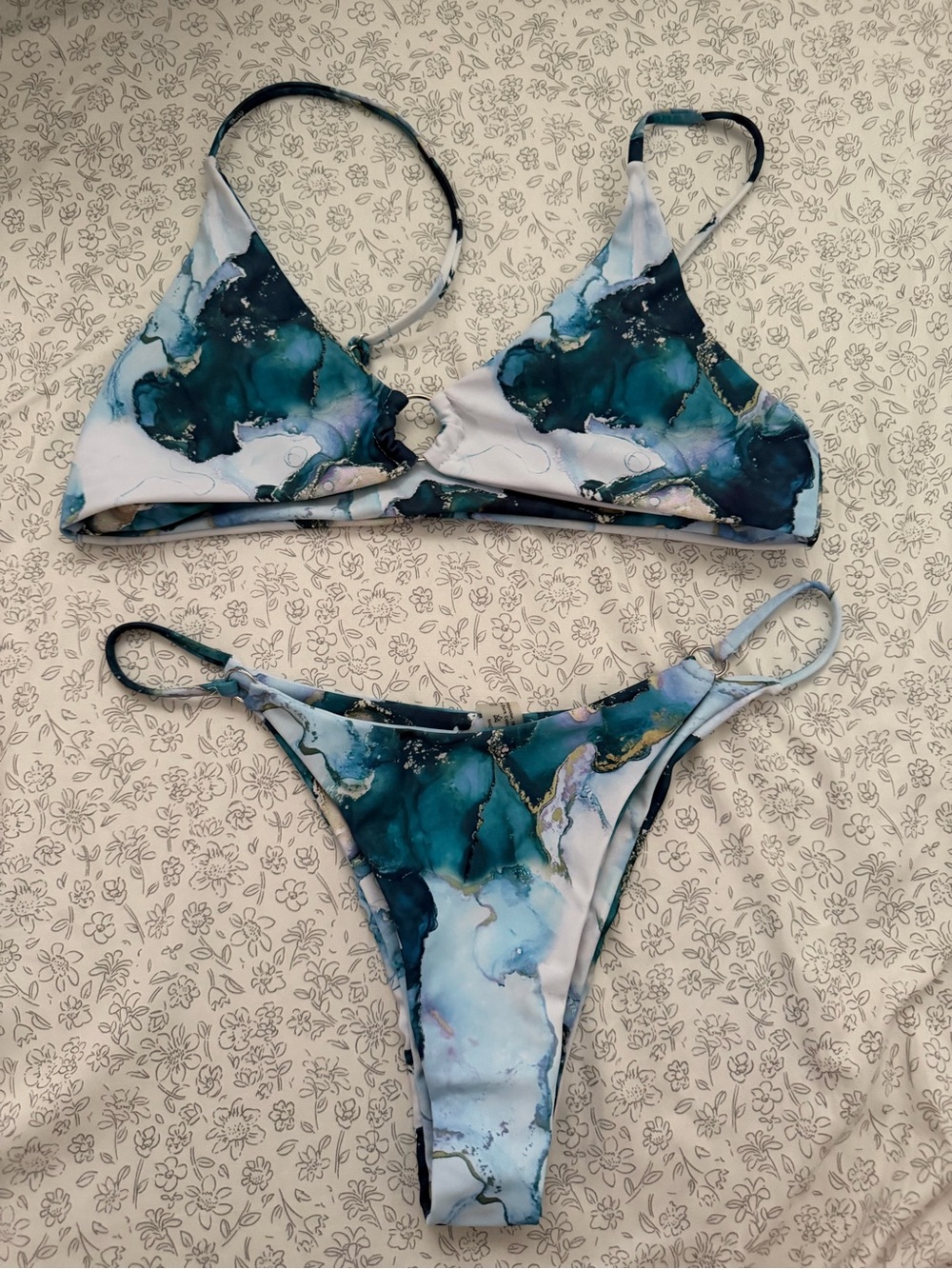 Women’s Teal Marble Print Triangle Bikini